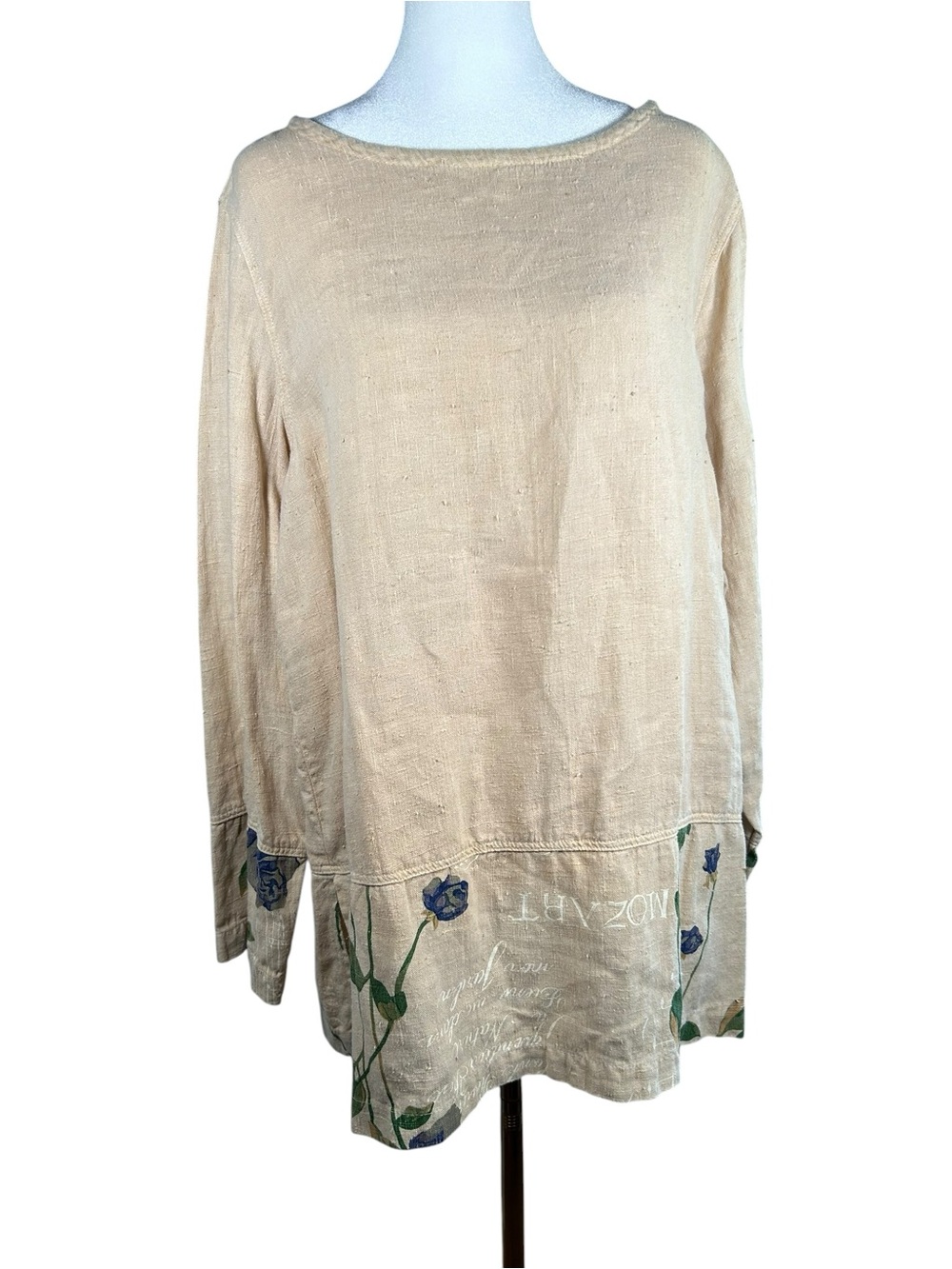 Coastal Grandma 100% Linen Tunic Blouse Floral Hem Boho Cottagecore Glassons M